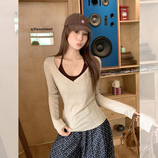 西遇修身长袖t恤女外穿秋季新款设计感挂脖撞色内搭打底衫SS051583 商品图2