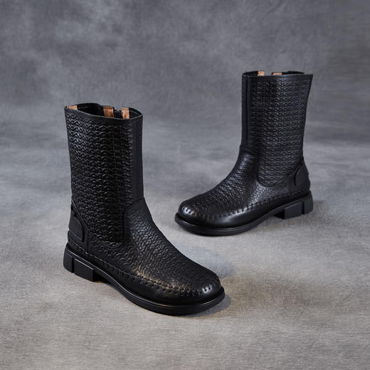 ZM 258679复古真皮压花缝制平跟软底骑士靴中筒靴 商品图3
