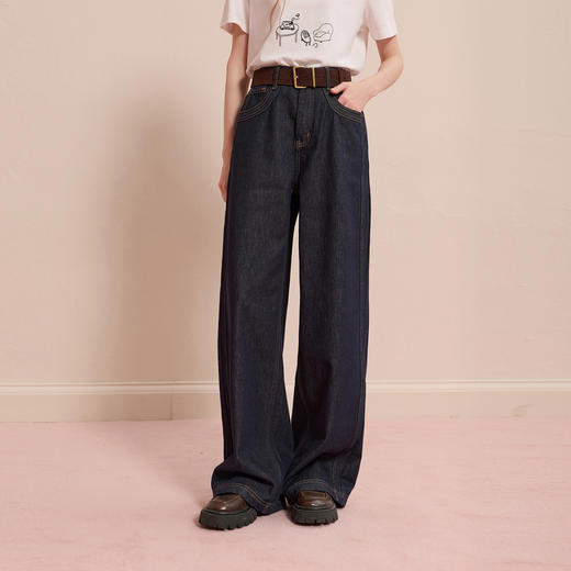 【100棉】三彩2025冬季新款宽松牛仔裤休闲阔腿裤一体绒磨毛长裤M 商品图1