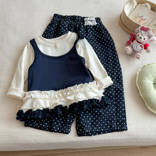 宸之昊女童春秋季套装2025新款儿童甜美花边假两件上衣碎花阔腿裤两件套★ 商品图0