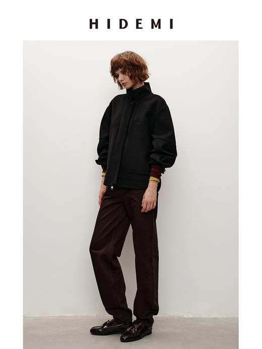 HIDEMI 进口澳洲美利奴羊毛立领廓形双面呢空军夹克短款大衣女 商品图3