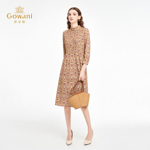 乔万尼2025秋新品半高木耳领复古宫廷风印花收腰长袖连衣裙ED3E287 商品图3