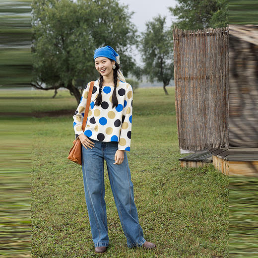 绽放635朵/进口麻灰色织棉底布波点印花垂感圆领宽松套头长袖T恤 商品图3