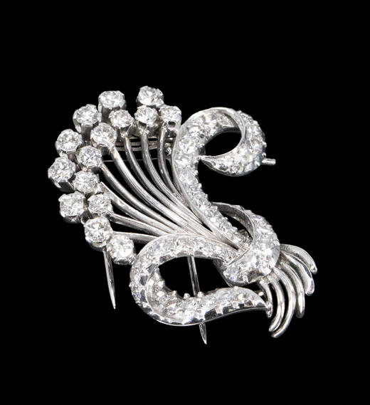 独角鹿西洋古董1950年代法国珠宝工匠Louis Sainson签名出品18K白金镶嵌钻石花束造型双夹式胸针 商品图3