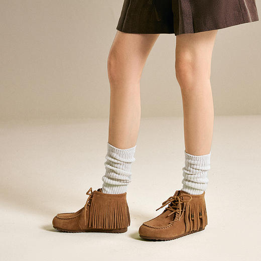 千百度流苏薄底西部牛仔靴女加绒保暖复古美拉德短靴A25559101 商品图2