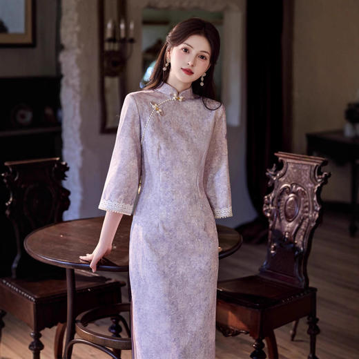 复合提花缎长款倒大袖旗袍，新中式高级感紫色旗袍SJT-862 商品图2