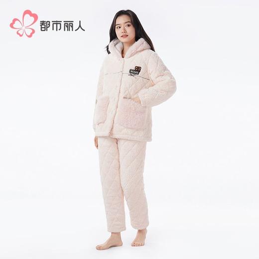 都市丽人烂花绒夹棉睡衣女士家居服长袖长裤加厚夹棉套装LHH1N2 商品图2