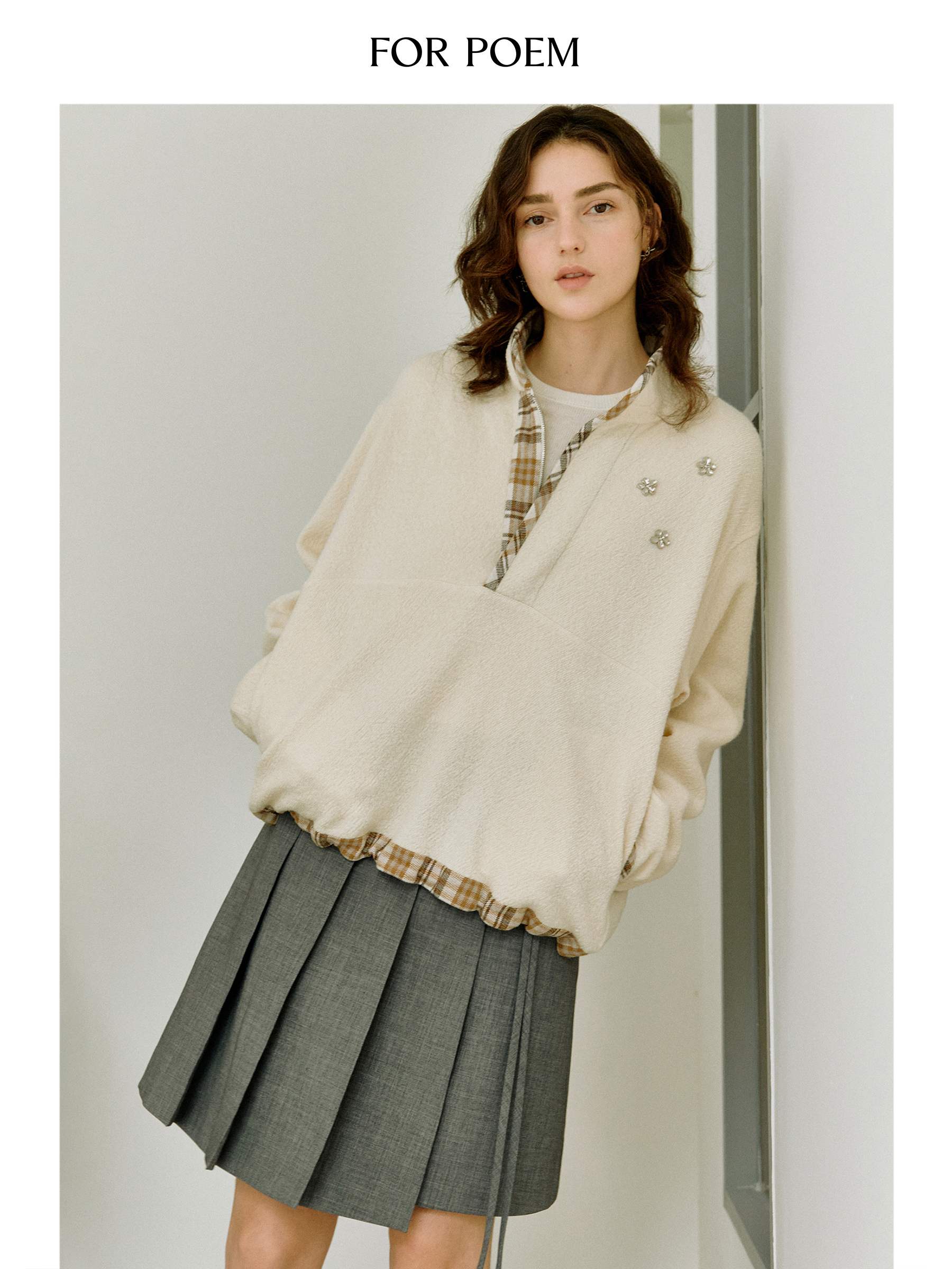 ForPoem 现货 25/FW原创设计针织羊毛格纹拼色宽松慵懒立领卫衣