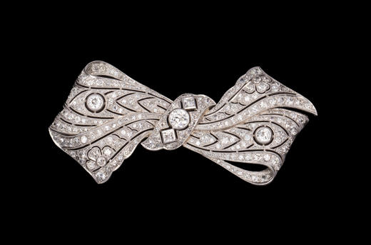 独角鹿西洋古董20世纪初欧洲出品装饰艺术风格蝴蝶结造型铂金镶嵌钻石胸针 商品图0