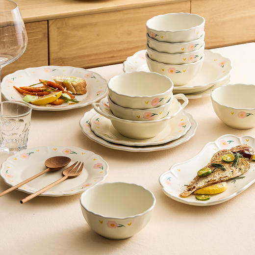 【景德镇精选陶瓷餐具】芍药花边陶瓷餐具套装碗盘家用2025新款厨房碗碟盘子吃饭碗高颜值 商品图0