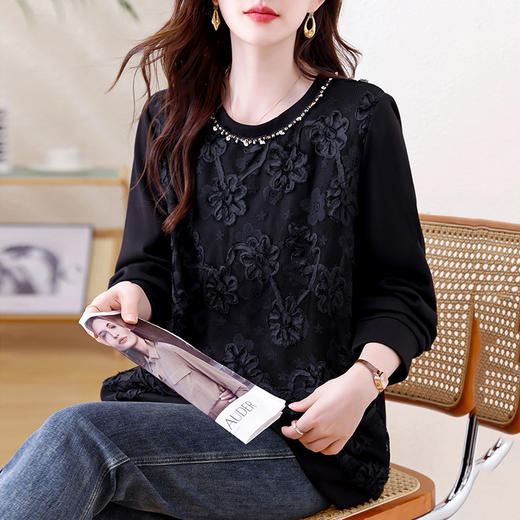 KQL A56N8122时尚蕾丝圆领卫衣宽松上衣 商品图3