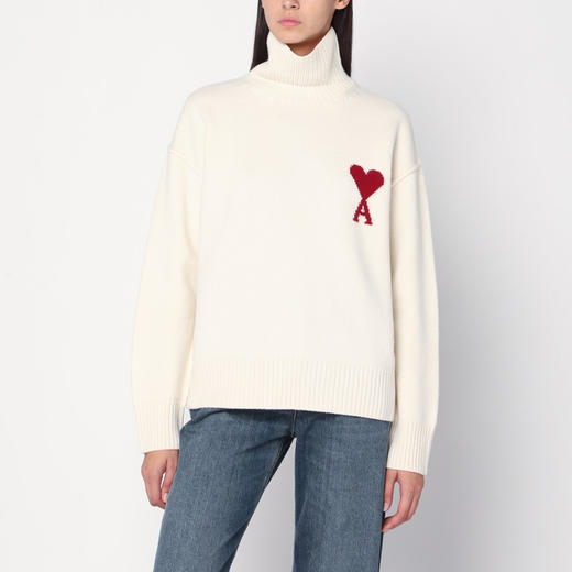 AMI 男女同款心形徽标刺绣嵌花羊毛针织衫 米色 UKS839 018 154 商品图0