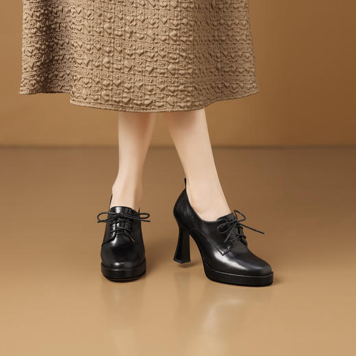 【预售5天】真皮圆头深口粗跟单鞋，时尚系带时装女鞋子HY&H3736 商品图3