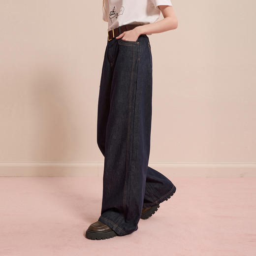 【100棉】三彩2025冬季新款宽松牛仔裤休闲阔腿裤一体绒磨毛长裤M 商品图2