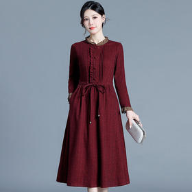 QYM 65099-Y时尚连衣裙长袖裙中长款系带收腰A字裙