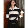 鹿向南「晚冬回信」慵懒风黑白条纹翻领针织毛衣女秋新款显瘦上衣 商品缩略图0