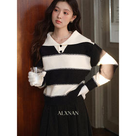 鹿向南「晚冬回信」慵懒风黑白条纹翻领针织毛衣女秋新款显瘦上衣