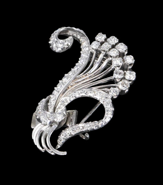 独角鹿西洋古董1950年代法国珠宝工匠Louis Sainson签名出品18K白金镶嵌钻石花束造型双夹式胸针 商品图4