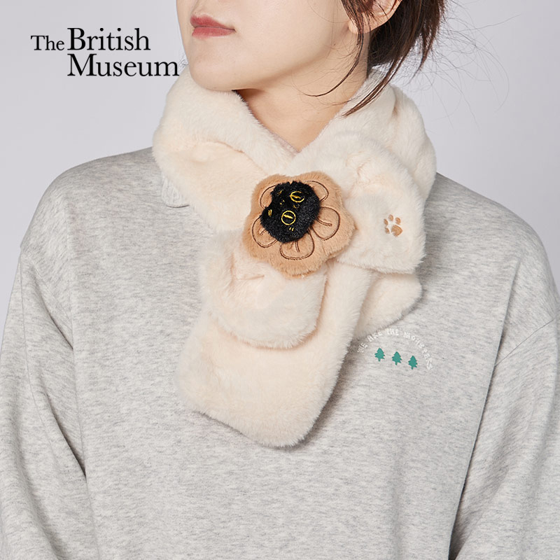 大英博物馆 巴斯特系列 萌猫蝴蝶结公仔毛绒围巾 米色 咖色