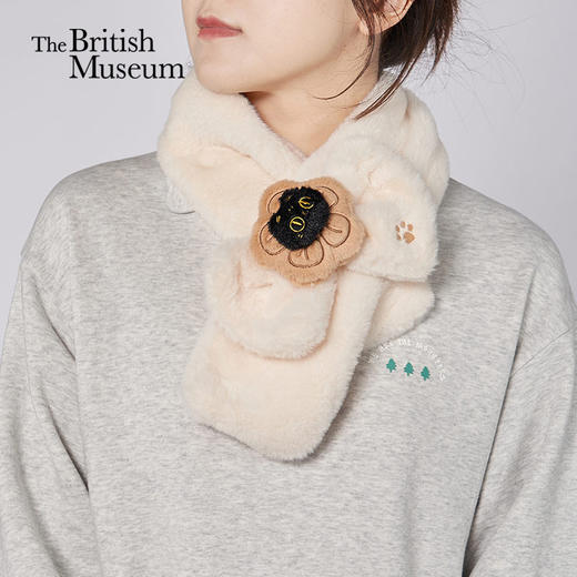 大英博物馆 巴斯特系列 萌猫蝴蝶结公仔毛绒围巾 米色 咖色 商品图0