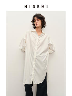 HIDEMI 不易皱清透极简大廓形oversize宽松剪刀领长款衬衫连衣裙 黑色/白色