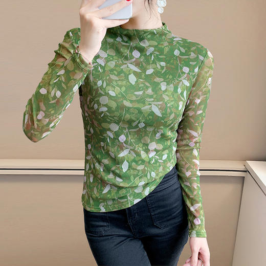 KQL A55F8600时尚纱网印花长袖半高领修身显瘦洋气T恤 商品图1