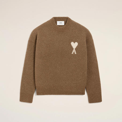 AMI 男女同款心形徽标嵌花混纺羊毛针织衫 棕色 UKS836 KN0135 217 商品图0