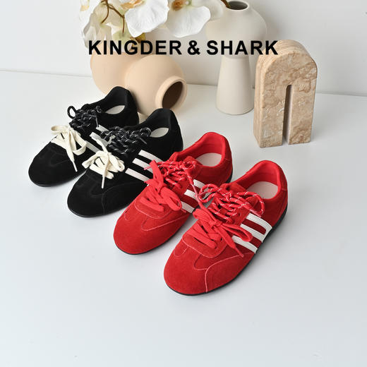 经典鲨2025秋专柜新品牛皮革网红爆款红色舒适平底德训鞋女KW313-537121 商品图0