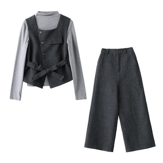 小香风毛呢穿搭套装，韩系小个子设计感阔腿裤两件套HR-DMGY2615 商品图4