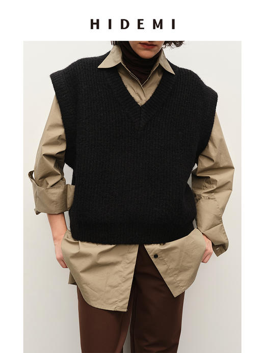 HIDEMI 甄选羊驼毛系列进口羊驼毛加厚款V领大廓形极简宽松马甲背心 商品图2
