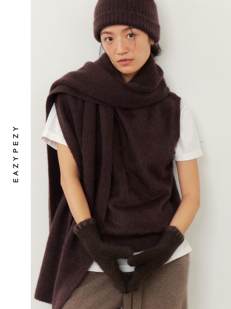 针织牦牛绒拉毛马甲披肩套装