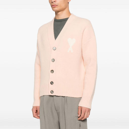 AMI 男女同款心形徽标刺绣嵌花混纺羊毛针织开衫 粉色 UKC365 KN0135 6807 商品图1