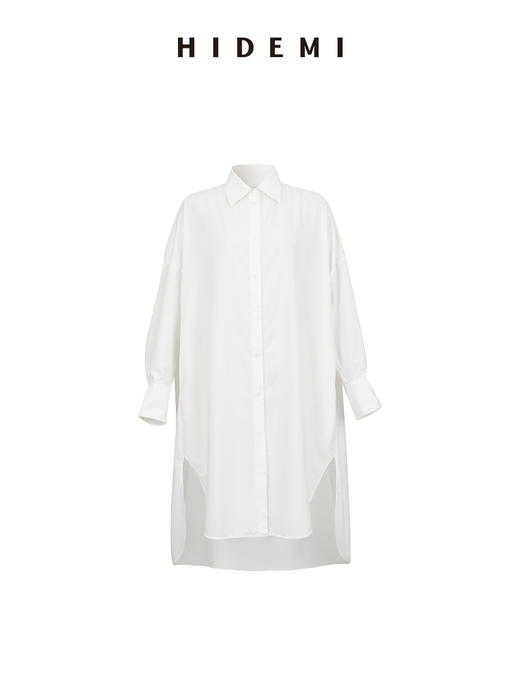 HIDEMI 不易皱清透极简大廓形oversize宽松剪刀领长款衬衫连衣裙 黑色/白色 商品图4