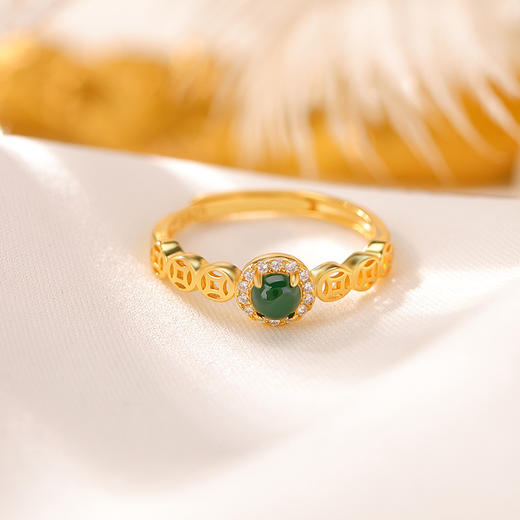 S925纯银镀金翡翠复古轻奢钱币圆珠戒指CW 商品图2