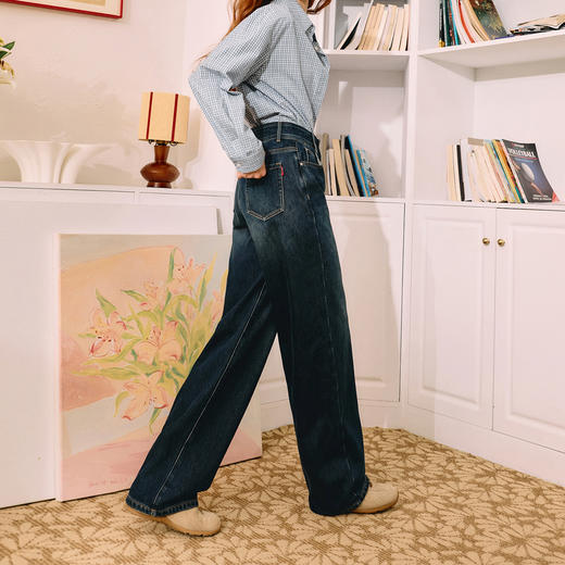 三彩2025冬季新款复古一体绒磨毛牛仔裤休闲裤高腰直筒裤长裤M 商品图1