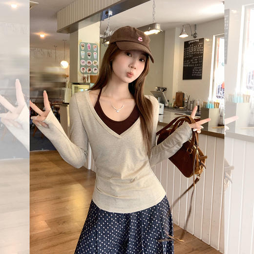 西遇修身长袖t恤女外穿秋季新款设计感挂脖撞色内搭打底衫SS051583 商品图3