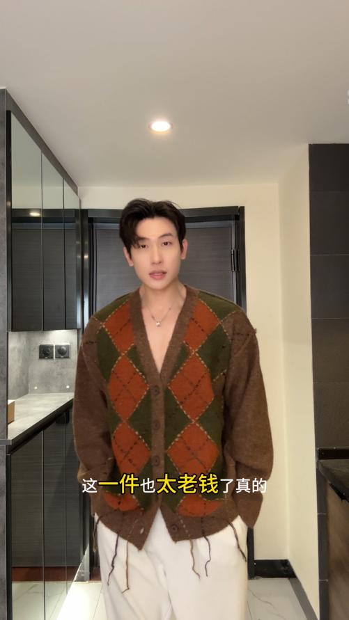 91289SDSA男士秋冬新款痞帅男装潮牌复古菱形格V领针织衫流苏开衫毛衣 商品图0