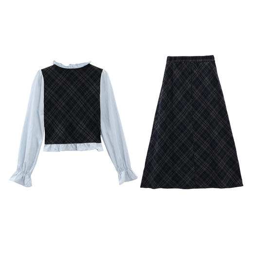 鹿向南「伦艺预科生」韩系学院风设计感女秋季假两件上衣半裙套装 商品图1