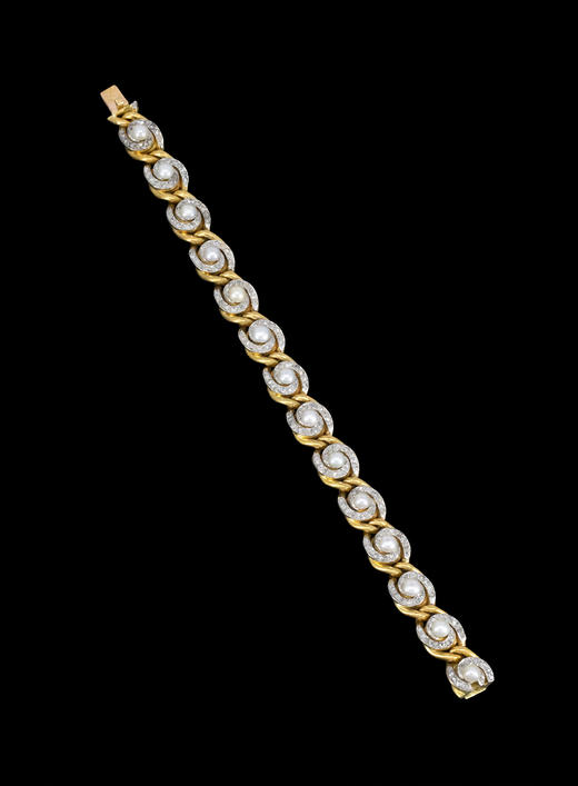 独角鹿西洋古董1900年代法国出品曲链式旋涡造型18K黄金镶嵌天然海水珍珠及钻石手链 商品图2