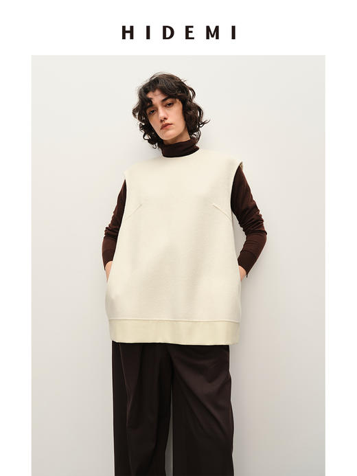 HIDEMI进口澳洲美利奴羊毛极简圆领下摆拼皮设计感后背开衩系带廓形马夹 商品图2