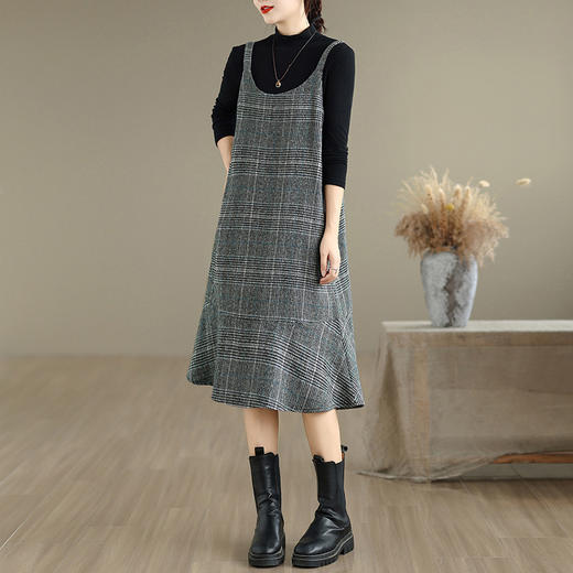 GYH 9240千鸟格毛呢裙显瘦大码中长款马甲连衣裙 商品图1
