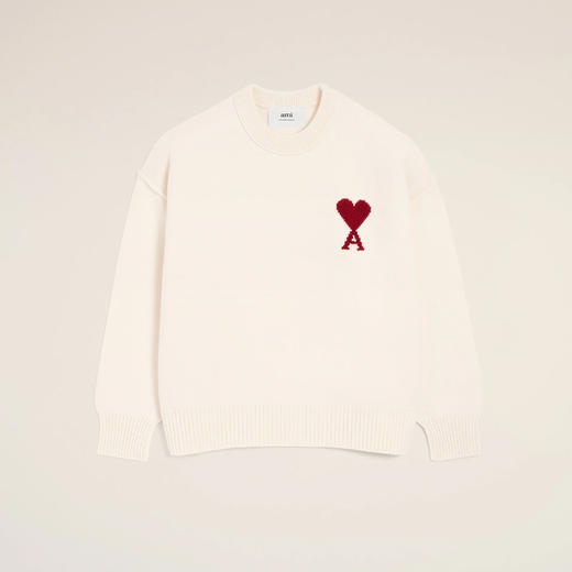 AMI 男女同款心形徽标刺绣嵌花羊毛针织衫 米色 UKS838 018 154 商品图0