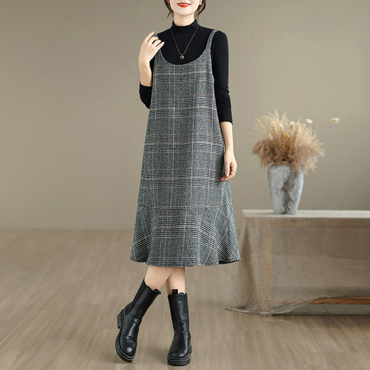 GYH 9240千鸟格毛呢裙显瘦大码中长款马甲连衣裙 商品图3