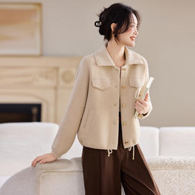 SC54-6955-1982025秋冬新款休闲翻领毛呢短外套针织开衫宽松遮肚子上衣纯色女装