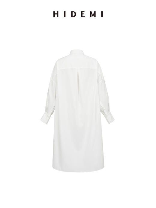 HIDEMI 不易皱清透极简大廓形oversize宽松剪刀领长款衬衫连衣裙 黑色/白色 商品图6