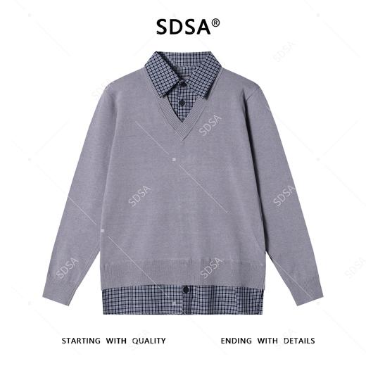 SDSA秋冬新款痞帅男装韩版拼接撞色假两件针织毛衣复古翻领上衣 商品图1