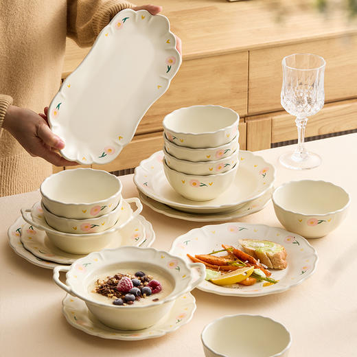 【景德镇精选陶瓷餐具】芍药花边陶瓷餐具套装碗盘家用2025新款厨房碗碟盘子吃饭碗高颜值 商品图1
