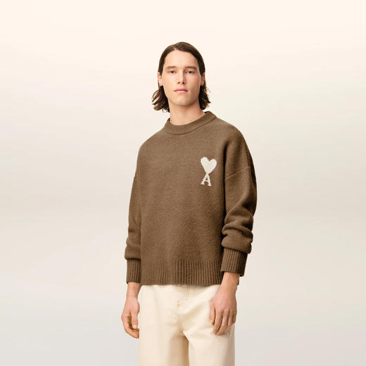 AMI 男女同款心形徽标嵌花混纺羊毛针织衫 棕色 UKS836 KN0135 217 商品图1