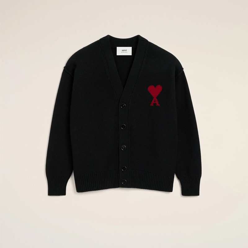 AMI 男女同款心形徽标刺绣嵌花羊毛针织开衫 黑色 UKC367 018 009