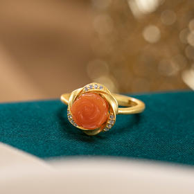 S925纯银镀金南红玛瑙开口玫瑰花戒指CW